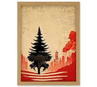 Doppelganger33 LTD Lone Tree Vintage Japanese Red Black Illustration Artwork Framed Wall Art Print A4