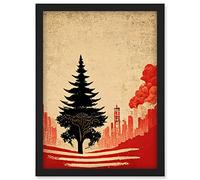 Doppelganger33 LTD Lone Tree Vintage Japanese Red Black Illustration Artwork Framed Wall Art Print A4
