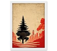 Doppelganger33 LTD Lone Tree Vintage Japanese Red Black Illustration Artwork Framed Wall Art Print A4
