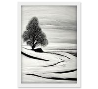 Doppelganger33 LTD Lone Tree Winter Landscape Illustration Black White Artwork Framed Wall Art Print A4