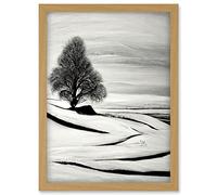 Doppelganger33 LTD Lone Tree Winter Landscape Illustration Black White Artwork Framed Wall Art Print A4