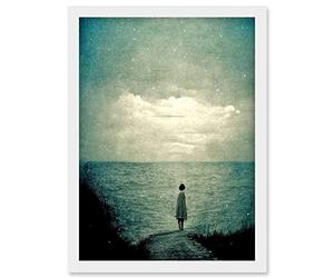 Doppelganger33 LTD Looking Out To Sea Dreamscape Lone Woman Dusk Calm Elegant Panting Artwork Framed Wall Art Print A4