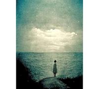 Doppelganger33 LTD Looking Out To Sea Dreamscape Lone Woman Dusk Calm Elegant Panting Large Wall Art Poster Print Thick Paper 18X24 Inch