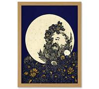 Doppelganger33 LTD Man In The Full Moon Blue Floral Lunar Illustration Artwork Framed A3 Wall Art Print