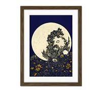 Doppelganger33 LTD Man in The Full Moon Blue Floral Lunar Illustration Artwork Framed Wall Art Print 18X24 inch
