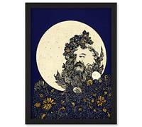 Doppelganger33 LTD Man In The Full Moon Blue Floral Lunar Illustration Artwork Framed Wall Art Print A4