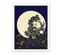 Doppelganger33 LTD Man In The Full Moon Blue Floral Lunar Illustration Artwork Framed Wall Art Print 18X24 Inch