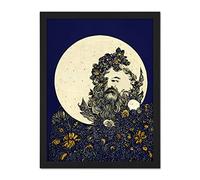 Doppelganger33 LTD Man in The Full Moon Blue Floral Lunar Illustration Artwork Framed Wall Art Print 18X24 inch