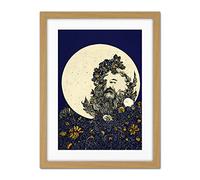 Doppelganger33 LTD Man In The Full Moon Blue Floral Lunar Illustration Artwork Framed Wall Art Print 18X24 Inch