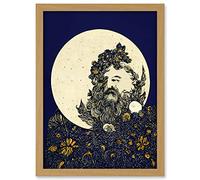 Doppelganger33 LTD Man In The Full Moon Blue Floral Lunar Illustration Artwork Framed Wall Art Print A4