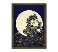 Doppelganger33 LTD Man In The Full Moon Blue Floral Lunar Illustration Artwork Framed Wall Art Print 18X24 Inch