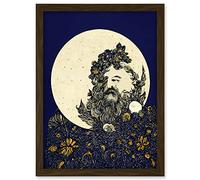 Doppelganger33 LTD Man In The Full Moon Blue Floral Lunar Illustration Artwork Framed Wall Art Print A4