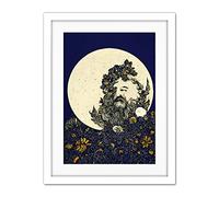 Doppelganger33 LTD Man in The Full Moon Blue Floral Lunar Illustration Artwork Framed Wall Art Print 18X24 inch
