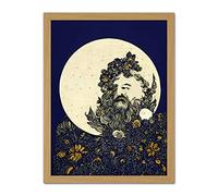 Doppelganger33 LTD Man In The Full Moon Blue Floral Lunar Illustration Artwork Framed Wall Art Print 18X24 Inch