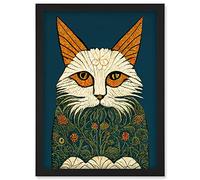Doppelganger33 LTD Melancholy Moggie Cat Illustration William Morris Style Teal Gold Artwork Framed Wall Art Print A4