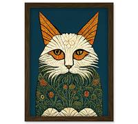 Doppelganger33 LTD Melancholy Moggie Cat Illustration William Morris Style Teal Gold Artwork Framed Wall Art Print A4