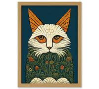 Doppelganger33 LTD Melancholy Moggie Cat Illustration William Morris Style Teal Gold Artwork Framed Wall Art Print A4