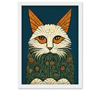 Doppelganger33 LTD Melancholy Moggie Cat Illustration William Morris Style Teal Gold Artwork Framed Wall Art Print A4