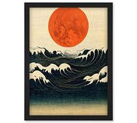 Doppelganger33 LTD Minimalist Large Orange Moon Over Ocean Waves Ukiyo-e Style Artwork Framed Wall Art Print A4