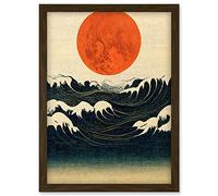 Doppelganger33 LTD Minimalist Large Orange Moon Over Ocean Waves Ukiyo-e Style Artwork Framed Wall Art Print A4