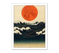 Doppelganger33 LTD Minimalist Large Orange Moon Over Ocean Waves Ukiyo-e Style Artwork Framed Wall Art Print 18X24 Inch