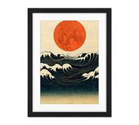 Doppelganger33 LTD Minimalist Large Orange Moon Over Ocean Waves Ukiyo-e Style Artwork Framed Wall Art Print 18X24 Inch