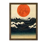Doppelganger33 LTD Minimalist Large Orange Moon Over Ocean Waves Ukiyo-e Style Artwork Framed Wall Art Print 18X24 Inch