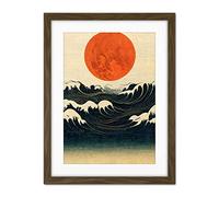 Doppelganger33 LTD Minimalist Large Orange Moon Over Ocean Waves Ukiyo-e Style Artwork Framed Wall Art Print 18X24 Inch