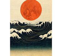 Doppelganger33 LTD Minimalist Large Orange Moon Over Ocean Waves Ukiyo-e Style Large Wall Art Poster Print Thick Paper 18X24 Inch