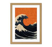 Doppelganger33 LTD Minimalist Orange Sunset Sky Modern Style Of Great Wave Off Kanagawa Artwork Framed Wall Art Print 18X24 Inch