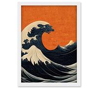 Doppelganger33 LTD Minimalist Orange Sunset Sky Modern Style Of Great Wave Off Kanagawa Artwork Framed Wall Art Print A4