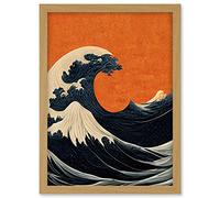 Doppelganger33 LTD Minimalist Orange Sunset Sky Modern Style Of Great Wave Off Kanagawa Artwork Framed A3 Wall Art Print
