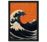 Doppelganger33 LTD Minimalist Orange Sunset Sky Modern Style Of Great Wave Off Kanagawa Artwork Framed A3 Wall Art Print
