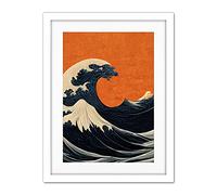 Doppelganger33 LTD Minimalist Orange Sunset Sky Modern Style Of Great Wave Off Kanagawa Artwork Framed Wall Art Print 18X24 Inch