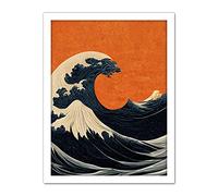 Doppelganger33 LTD Minimalist Orange Sunset Sky Modern Style Of Great Wave Off Kanagawa Artwork Framed Wall Art Print 18X24 Inch