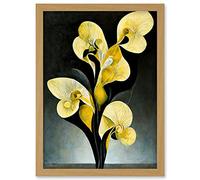 Artery8 Modern Abstract Black Yellow Orchid Flower Artwork Framed Wall Art Print A4 in Light Oak Artery8 Light Oak