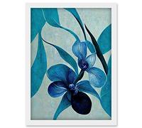 Modern Abstract Blue Orchid Modern Artwork Framed Wall Art Print A4 Artery8 White One Size