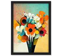Doppelganger33 LTD Modern Abstract Oil Paint Vibrant Summer Flower Bouquet In Vase Artwork Framed A3 Wall Art Print