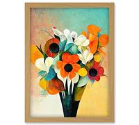 Doppelganger33 LTD Modern Abstract Oil Paint Vibrant Summer Flower Bouquet In Vase Artwork Framed Wall Art Print A4