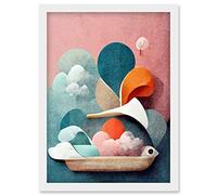 Doppelganger33 LTD Modern Boho Abstract Ship In Sky Clouds In Pastel Colours Toilet Artwork Framed Wall Art Print A4