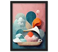 Doppelganger33 LTD Modern Boho Abstract Ship In Sky Clouds In Pastel Colours Toilet Artwork Framed Wall Art Print A4