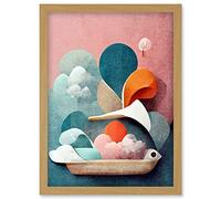 Doppelganger33 LTD Modern Boho Abstract Ship In Sky Clouds In Pastel Colours Toilet Artwork Framed Wall Art Print A4