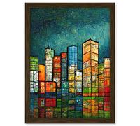 Doppelganger33 LTD Modern Colourful Night Cityscape Skyscrapers Reflection On Water Artwork Framed Wall Art Print A4