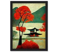 Doppelganger33 LTD Modern Japanese Red Maple Tree Artwork Framed A3 Wall Art Print