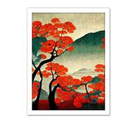 Doppelganger33 LTD Modern Japanese Red Maple Trees On Hillside Artwork Framed Wall Art Print 18X24 Inch
