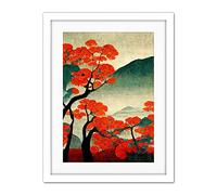 Doppelganger33 LTD Modern Japanese Red Maple Trees On Hillside Artwork Framed Wall Art Print 18X24 Inch