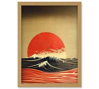 Doppelganger33 LTD Modern Kanagawa Waves Red Sunset Linocut Artwork Framed Wall Art Print A4