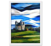 Doppelganger33 LTD Modern Oil Paint Doune Scottish Castle Saltire Sky Artwork Framed A3 Wall Art Print