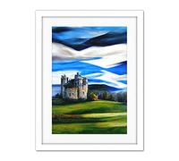 Doppelganger33 LTD Modern Oil Paint Doune Scottish Castle Saltire Sky Artwork Framed Wall Art Print 18X24 Inch