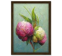 Doppelganger33 LTD Modern Pink And White Peony Flowers In Teal Artwork Framed Wall Art Print A4